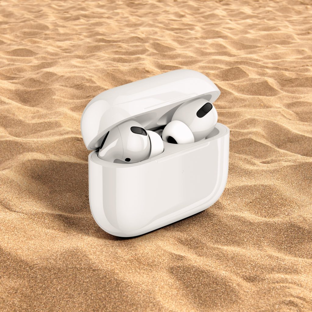 earphones with case surrounded by nature scene